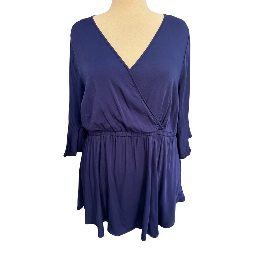 Torrid Womens Navy Blue Surplice Wrap Top Ruffle 3/4 Sleeve Plus Size 2 XL 2X